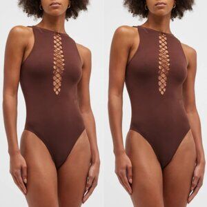 AlaÏa Corset One Piece Swimsuit Mesh Front Cut-out Back High Neck Brown Sz 40